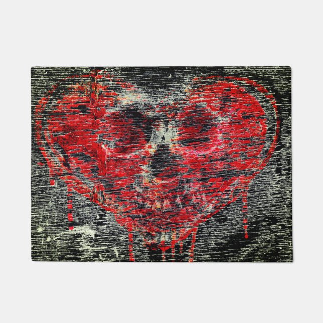 Distressed Heart Skull Doormat (Front)