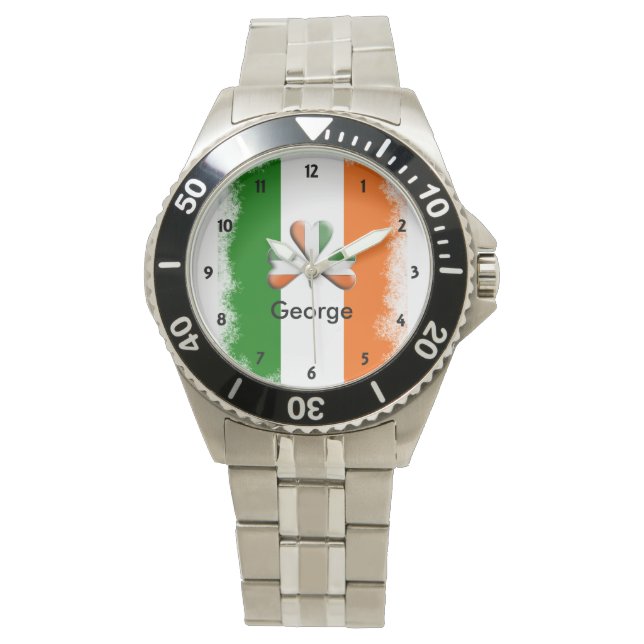 Distressed Irish Tri Colours Shamrock Personalised Watch (Front)