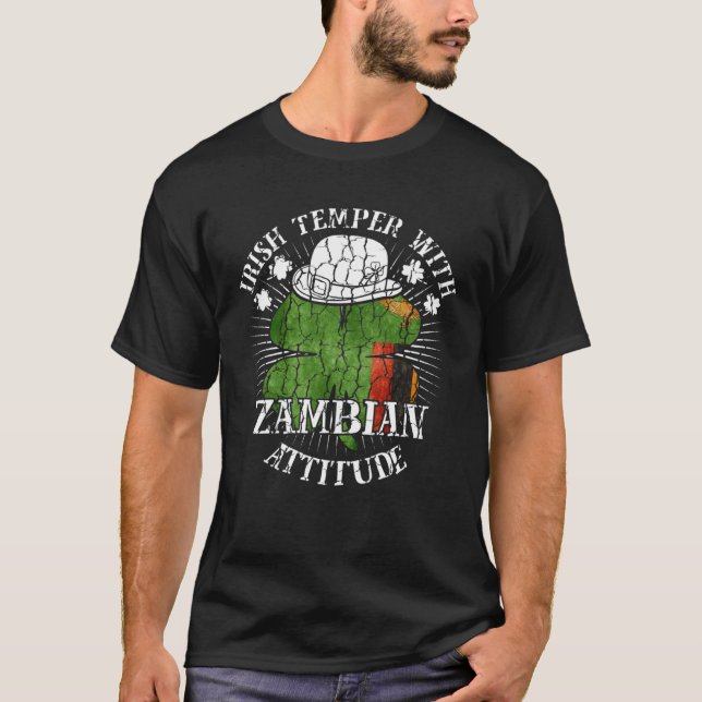 Distressed Irish Zambian Attitude Patriotic Shamro T-Shirt (Front)