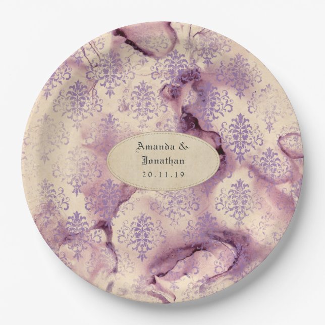 Distressed Lavender Damask Wedding Paper Plate (Front)