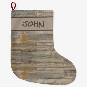 Distressed light Rustic Wood grain planks   Large Christmas Stocking