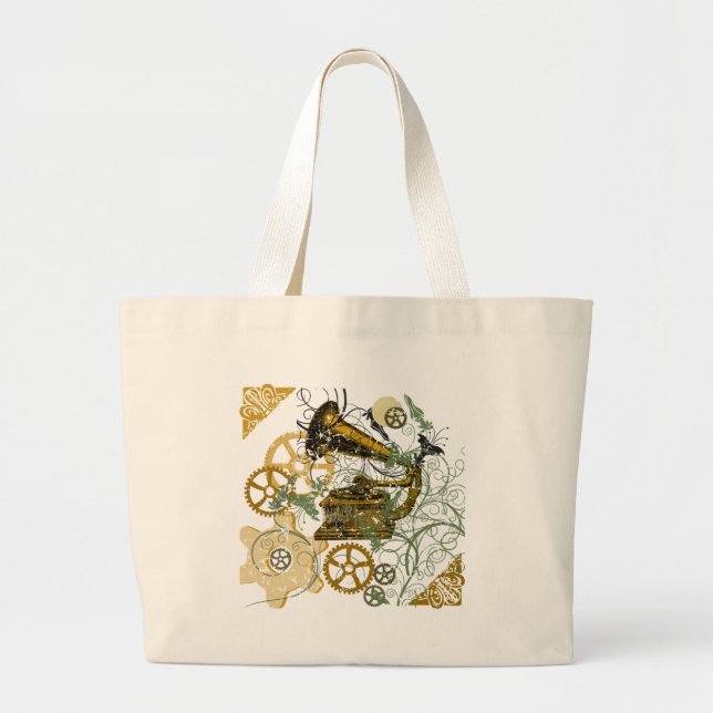 Distressed Look Steampunk Design Large Tote Bag (Front)