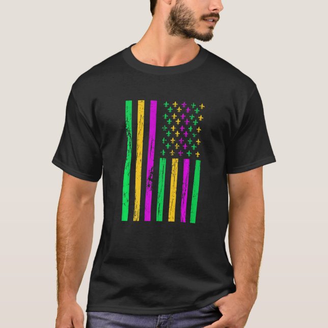 Distressed Mardi Gras American US Flag Carnival Fe T-Shirt (Front)