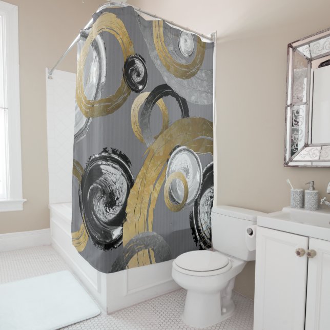 Distressed Modern Abstract Circle Rings Neutrals Shower Curtain (In Situ)