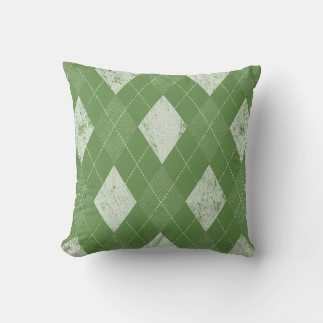 Distressed Monochrome Argyle Green Cushion (Front)