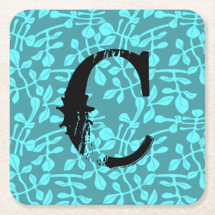 Distressed Monogram on Aqua Stylised Leaves Square Paper Coaster