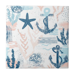 Distressed Nautical Anchor Starfish Blue Coastal Ceramic Tile