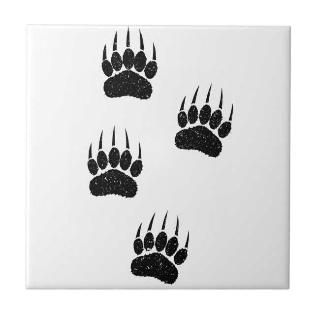 Distressed Old Paper Print Black Bear Paws Square Ceramic Tile (Front)