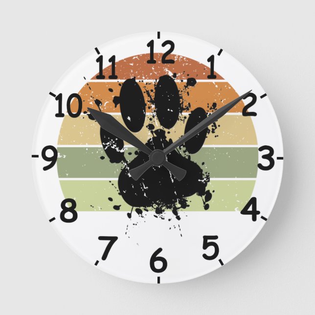 Distressed Paint Splatter Dog Paw Retro Sunset Rou Round Clock (Front)