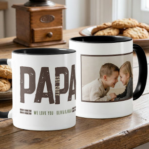 Distressed Papa Grandkids Name Brown Green Photo Mug