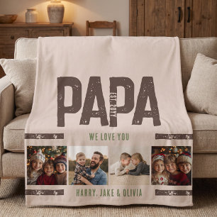 Distressed Papa Grandkids Photo Collage Brown Sherpa Blanket