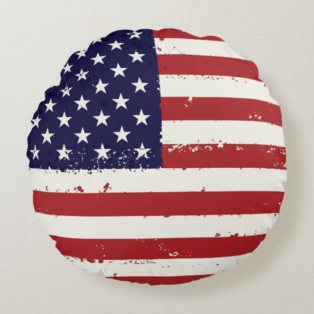Distressed Patriotic American Flag Round Cushion (Front)