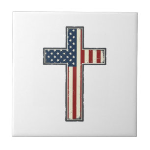 Distressed Patriotic Cross Vector Design_1 Ceramic Tile