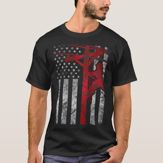 Distressed Patriotic Electric Cable Lineman Americ T-Shirt (Front)
