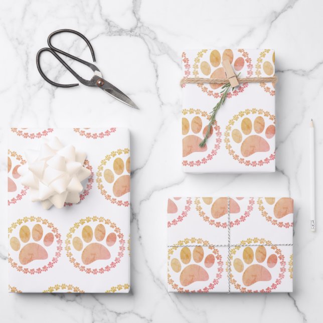 Distressed Paw And Round Frame Dog Print Pattern Wrapping Paper Sheet (Front)