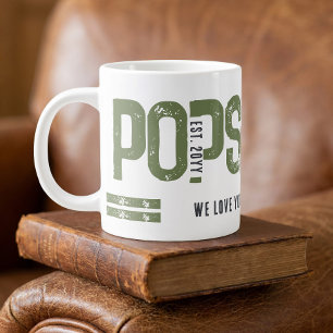 Distressed Pops Est Year Personalised Green Grey Large Coffee Mug