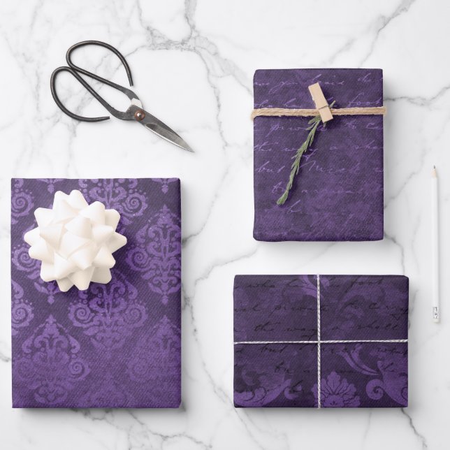 Distressed Purple Damask Wrapping Paper Sheet (Front)