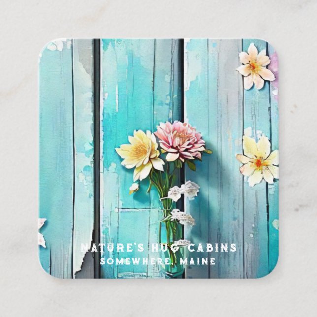 *~*  Distressed QR AP49 Flowers Pastel Wood Square Business Card (Front)