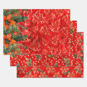 DISTRESSED RED CHRISTMAS HOLIDAY GREENERY WRAPPING PAPER SHEET