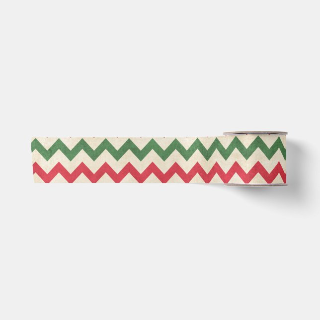 Distressed Red Green Zig Zag Pattern Satin Ribbon (Front)