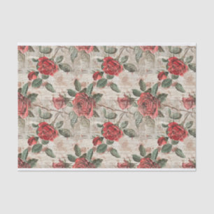 Distressed Red Roses on Abstract Newsprint Pattern Tissue Paper