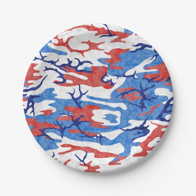 Distressed Red White and Blue Camo Paper Plate (Front)