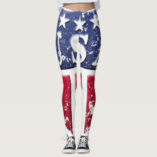 Distressed Red, White Blue USA Shield With Stars Leggings