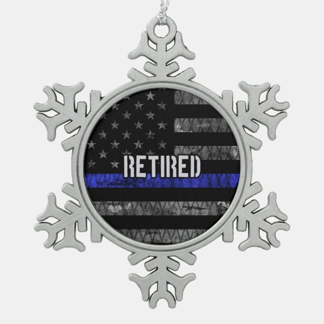Distressed Retired Police Flag Snowflake Pewter Christmas Ornament (Front)