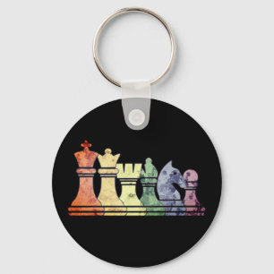 Distressed Retro Chess Pieces in a Rainbow Row Key Ring