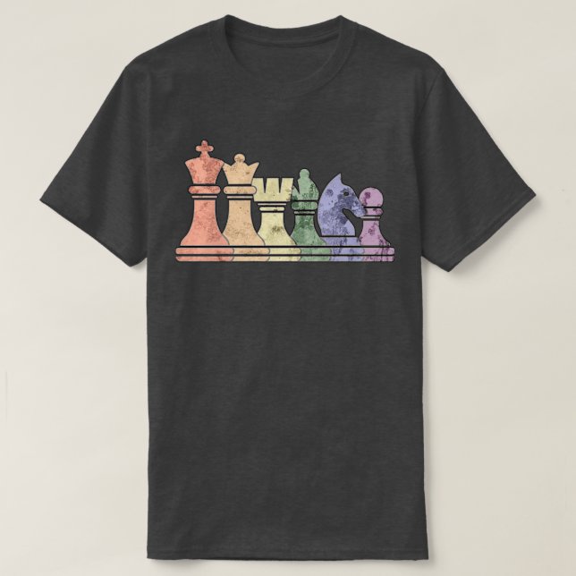 Distressed Retro Chess Pieces in a Rainbow Row  T-Shirt (Design Front)