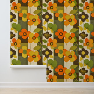 Distressed Retro Style Floral in Earthy Tones Wallpaper