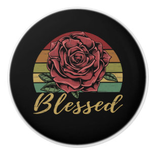 Distressed Retro Sunset Red Rose Blessed Ceramic Knob