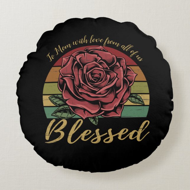 Distressed Retro Sunset Red Rose Blessed Round Cushion (Front)