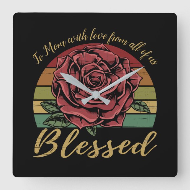 Distressed Retro Sunset Red Rose Blessed Square Wall Clock (Front)