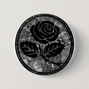 Distressed Rose Silhouette Cameo - Black & Grey 6 Cm Round Badge