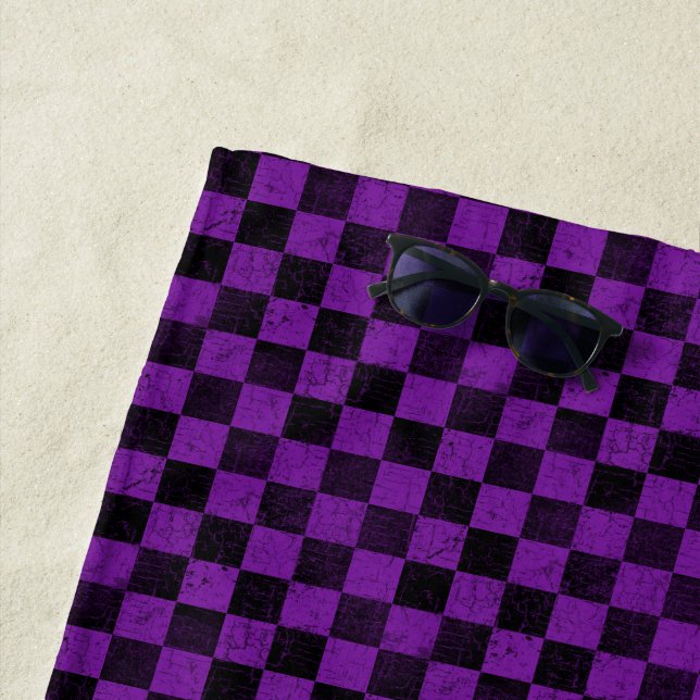 Distressed Rustic Checks, Purple, Black Beach Towel (In Situ)