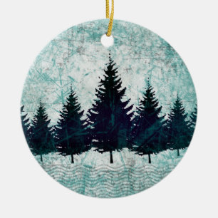 Distressed Rustic Evergreen Pine Trees Forest Ceramic Ornament