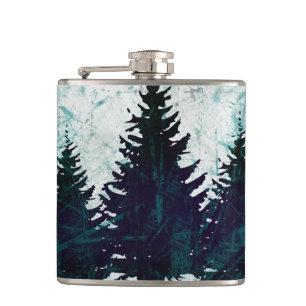 Distressed Rustic Evergreen Pine Trees Forest Hip Flask
