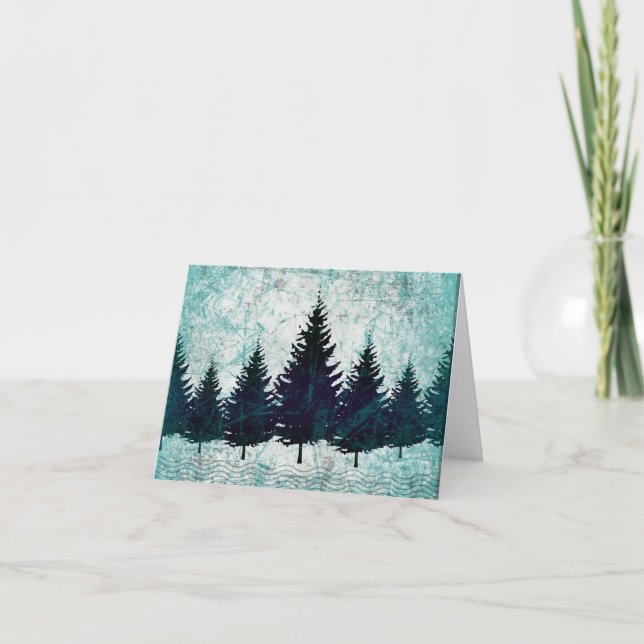Distressed Rustic Evergreen Pine Trees Forest Holiday Card (Front)