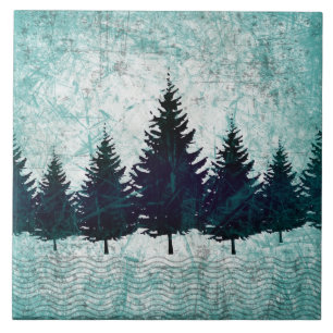 Distressed Rustic Evergreen Pine Trees Forest Tile