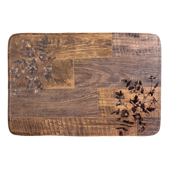 Distressed  Rustic Wood grain, country roses  Bath Mat (Front)