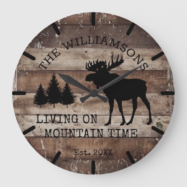 Distressed Rustic Wood Living on Mountain Time Lar Large Clock (Front)