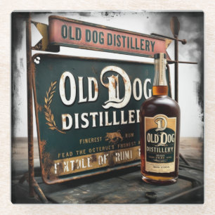Distressed Sign Advertising OLD DOG RUM Glass Coaster