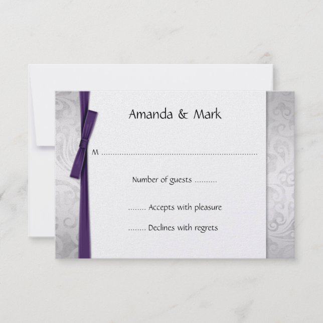 Distressed Silver Damask Purple Ribbon Bow RSVP Card (Front)