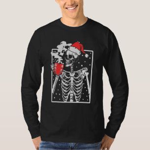 Distressed Skeleton Smiling Skull Drinking Coffee  T-Shirt
