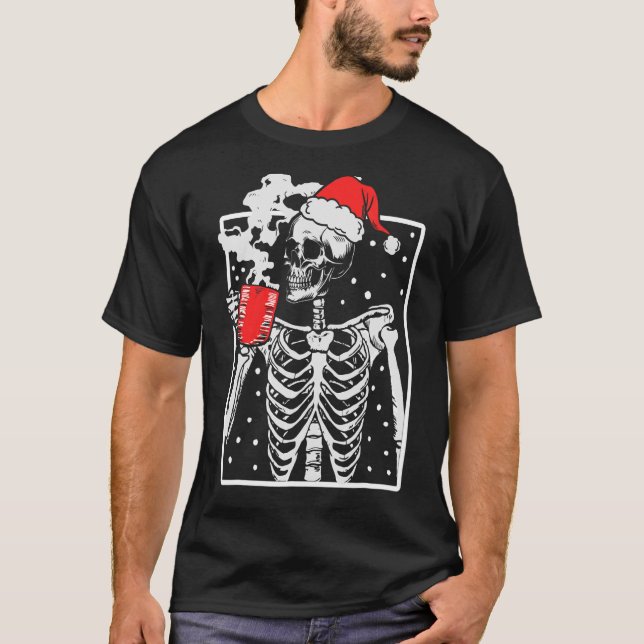 Distressed Skeleton Smiling Skull Drinking Coffee  T-Shirt (Front)
