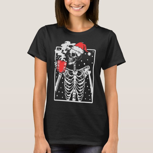 Distressed Skeleton Smiling Skull Drinking Coffee  T-Shirt (Front)