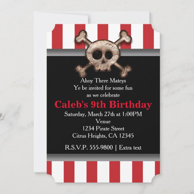 Distressed Skull & Bones Pirate Red Invitation (Front)