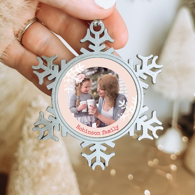 Distressed Snowflakes Blush Pink Photo Monogrammed Snowflake Pewter Christmas Ornament (Rustic snowflake family holiday keepsake photo ornament perfect for gifts to bring joy to others.)