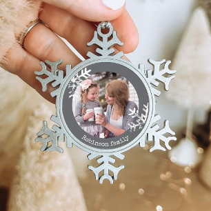Distressed Snowflakes Dark Grey Photo Monogram Snowflake Pewter Christmas Ornament